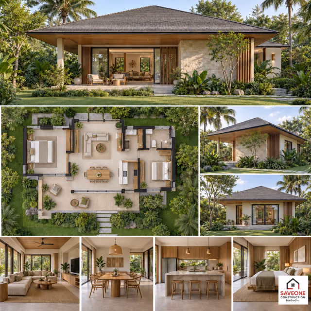 ภาพแนวคิดบ้านสไตล์โมเดิร์นทรอปิคอล พร้อมภาพภายนอก แปลน และห้องภายใน